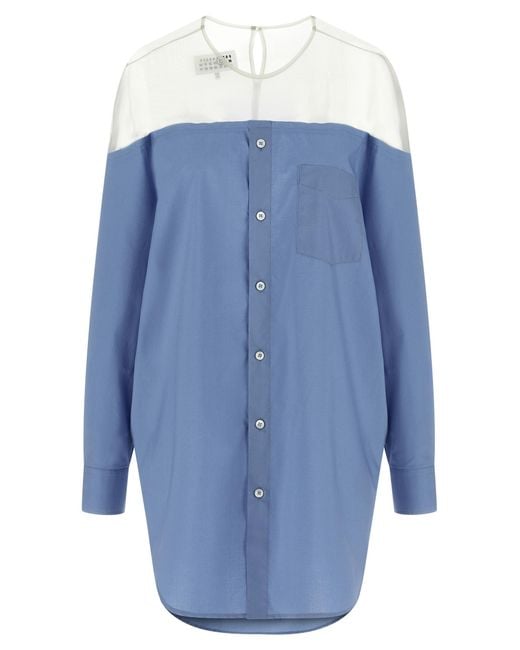 MM6 by Maison Margiela Blue Tulle Insert Shirt Cotton Shirt, Blouse