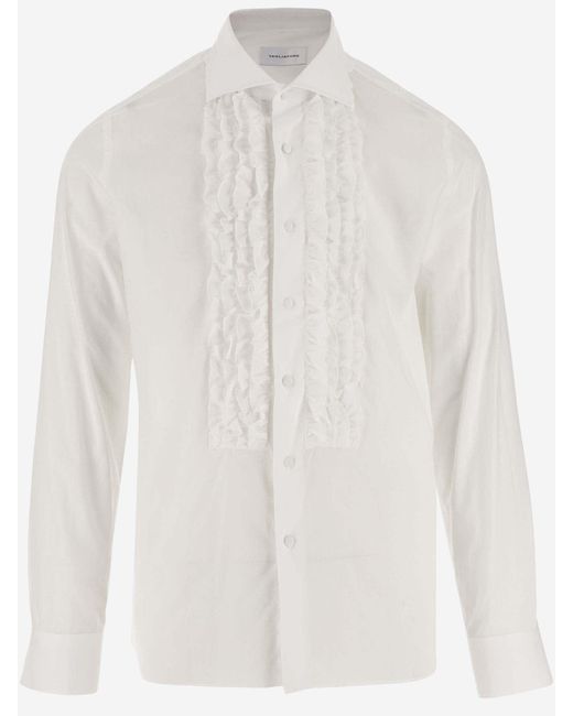 Tagliatore White Cotton Poplin Shirt With Ruffles for men