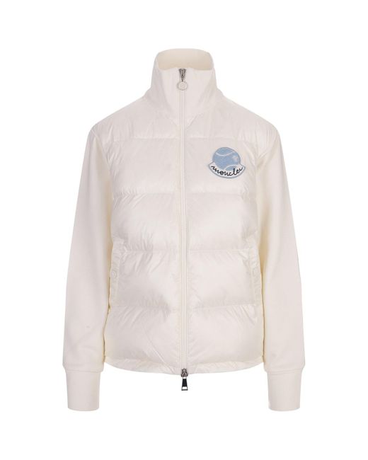 Moncler White Cardigan With Zip And Logo Patch
