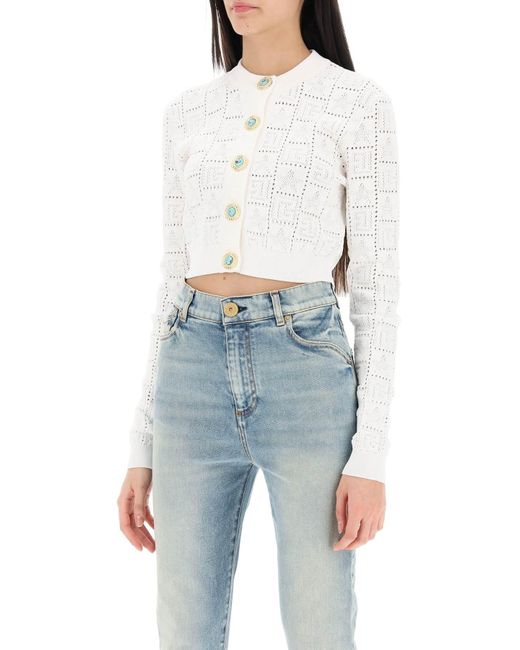 Balmain White Cropped Cardigan With Jewel Buttons