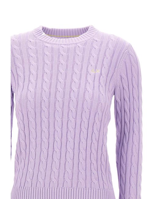 Sun 68 Purple Round Neck Cable Sweater Cotton