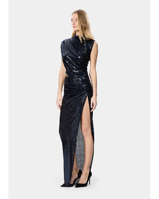 Amazuìn Blue Cosmic Sequined Stretch Tulle Detachable Maxi Dress With Cut-Out Detail And Side Slit