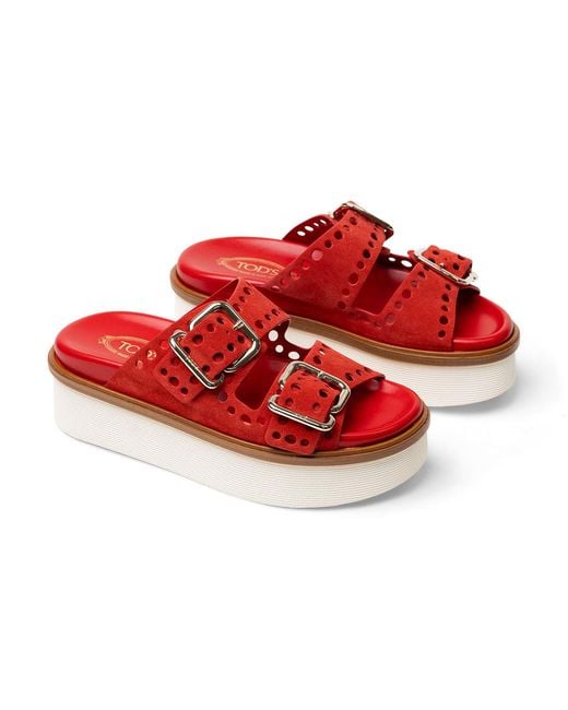 Tod's Red Tods Perforated Buckle Platform Sandals