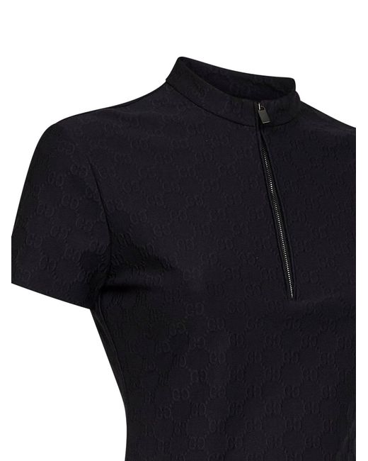 Gucci Black Gg Jacquard Jersey Half Zip T-Shirt