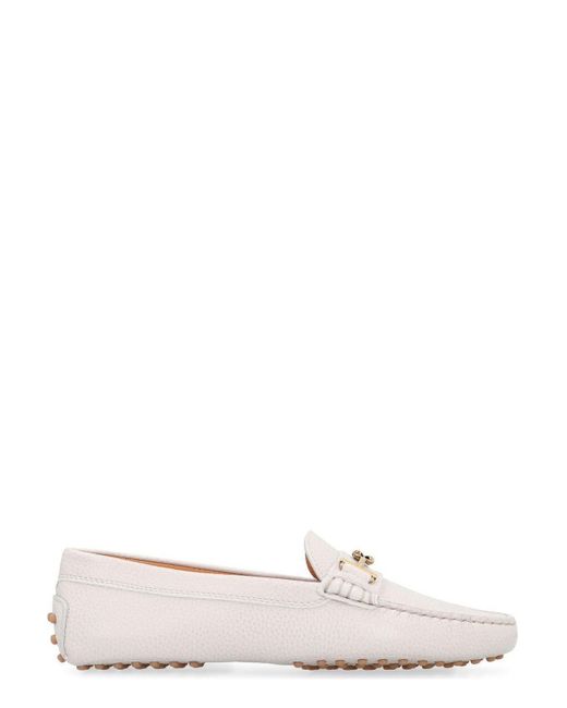 Tod's White Logo Plaque Round Toe Loafers