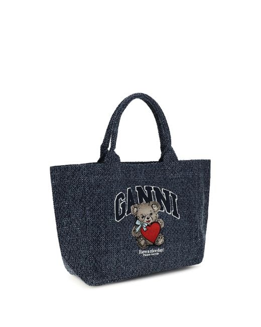 Ganni Blue Medium Denim Tote Bag With Bear Cotton Shoulder