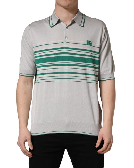 Dolce & Gabbana Gray Green Striped Logo Silk Polo T for men