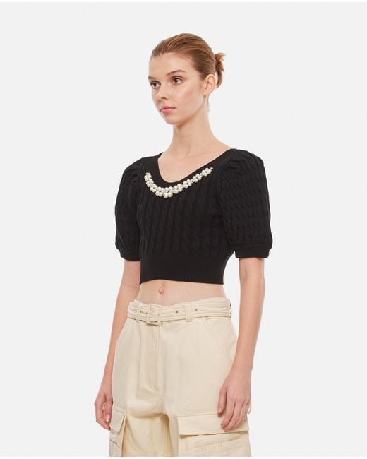 Simone Rocha Black Cropped Puff Sleeve Open Neck Cable Top