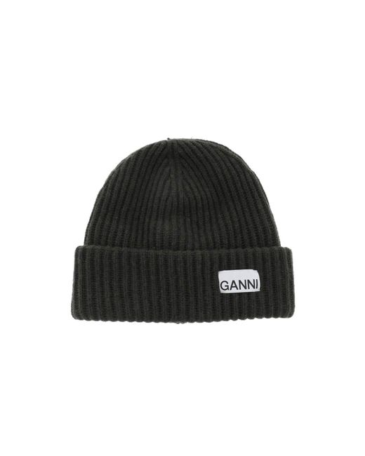 Ganni Black Beanie Hat With Logo Patch