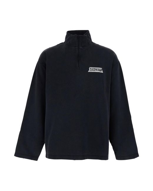 Balenciaga Blue Sweatshirt High-Neck Zip Cotton Sweatshirts for men