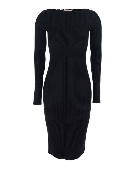 Twinset Blue Long Dress With Boat Neck And Ribbed Design