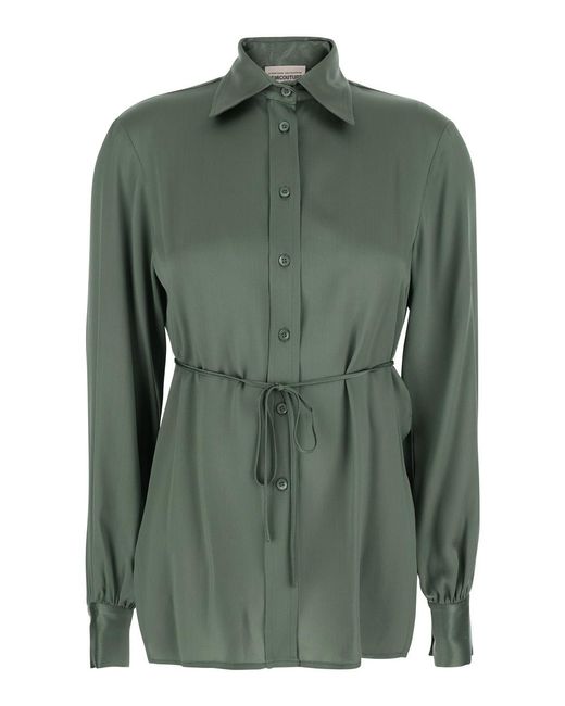 Semicouture Green Shirt With Classic Collar And Bow Belt On The Front