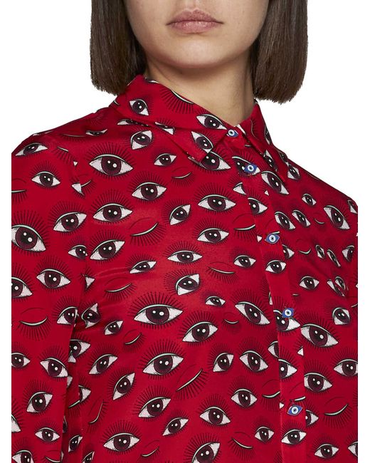 Alice + Olivia Red Willa Eye-print Silk Shirt