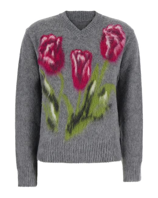 Maison Margiela Gray V-Neck Wool-Blend Sweater Tops