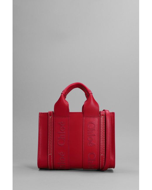 Chloé Red Woody Hand Bag In Rose-pink Leather
