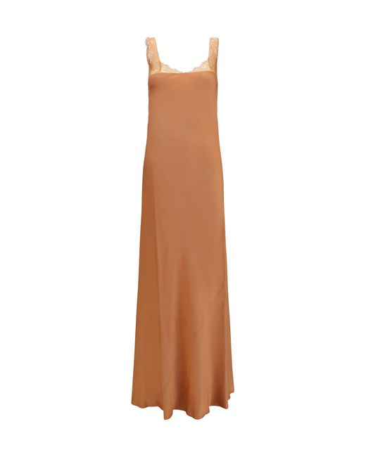 Forte_forte Brown Satin Maxi Dress With Lace Trims Acetate; Viscose