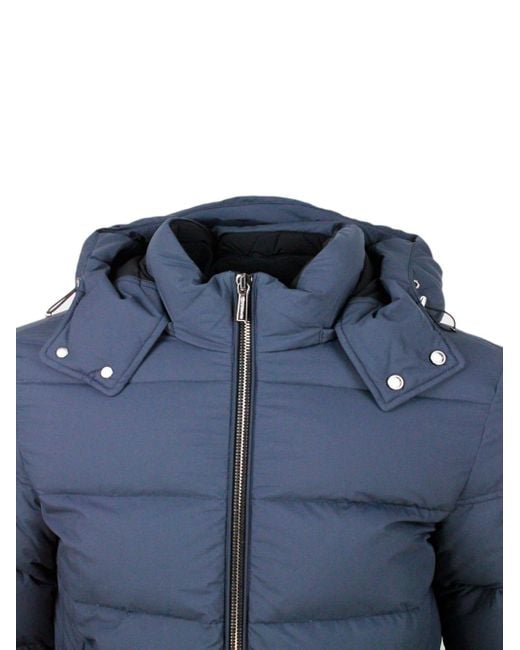 Moorer Blue Goose Down Padded Bomber Jacket With Removable Hood for men