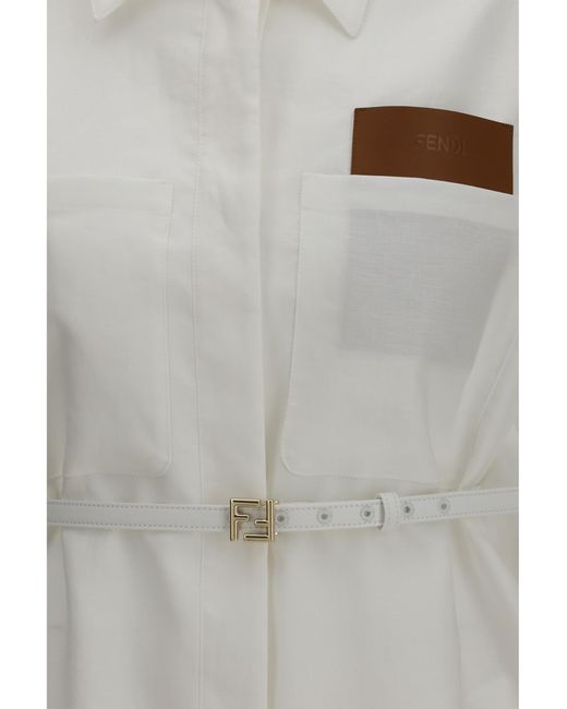 Fendi Gray Jacket Belted Linen-Cotton Shirt