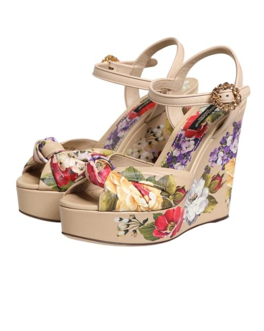 Dolce & Gabbana Natural Floral Ankle Strap Wedge Sandals Shoes 100Lf