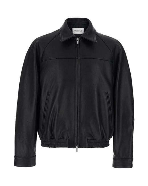 TONYWACK Black Leather Jacket With Classic Collar And Two Zip Pockets For Lamb Outerwear for men
