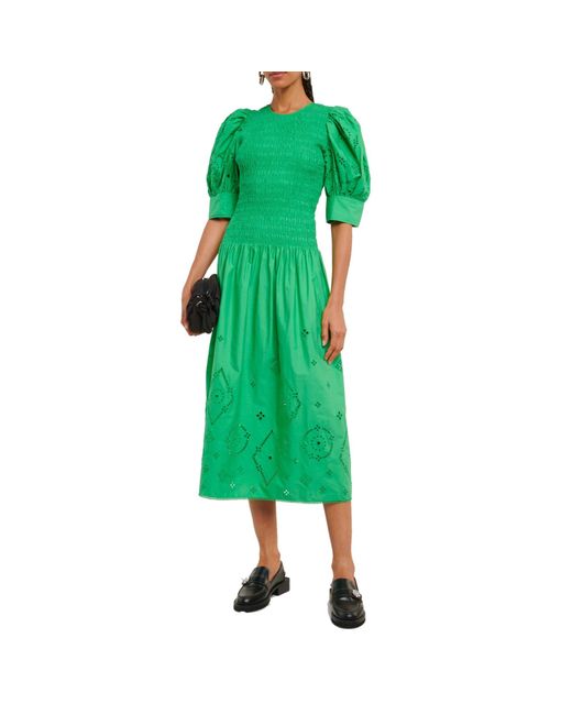 Ganni Green Gathered Cotton Dress