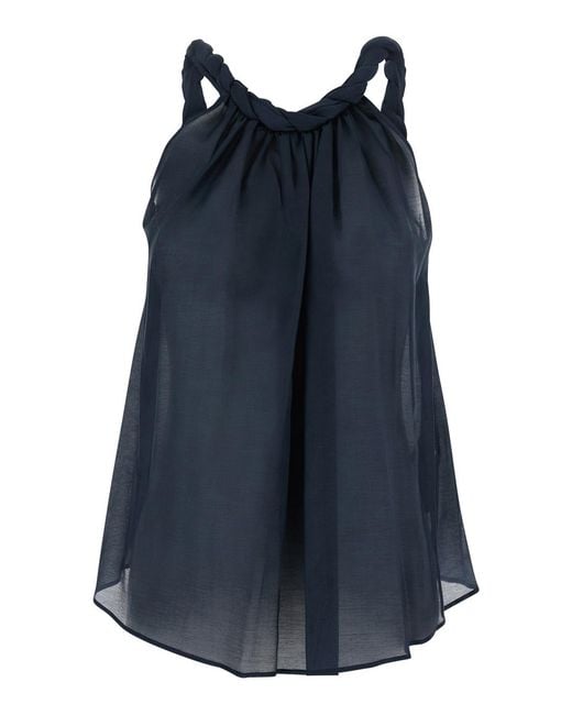 Semicouture Blue Cotton Muslin Top With Intreccio Details Tops