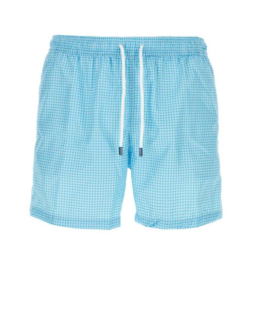 Fedeli Blue Printed Polyester Swimming Shorts for men