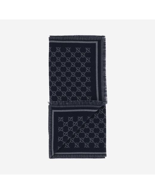 Gucci Blue Wool Scarf With Gg Pattern for men