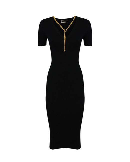 Elisabetta Franchi Black Ribbed Midi Dress With Necklace