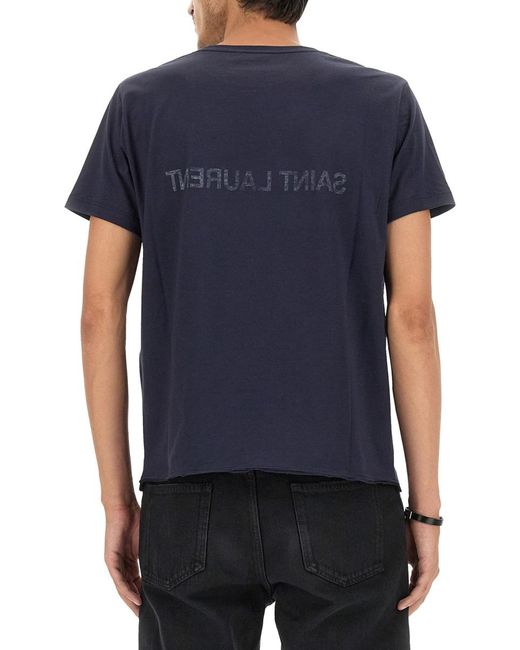 Saint Laurent Blue Inverted Logo T-Shirt T Cotton T-Shirts for men