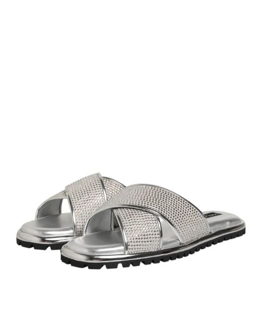 Dolce & Gabbana Gray Silver Strass Slides Flats Slippers Shoes for men