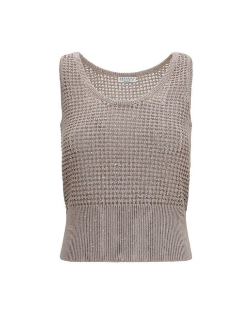 Brunello Cucinelli Gray Beige Cotton Tank Tops
