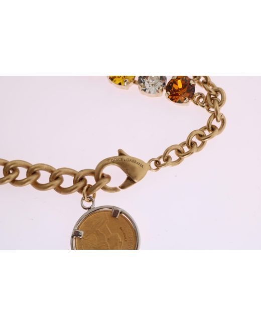 Dolce & Gabbana Metallic Brass Crystal Logo Pineapple Statement Necklace Real