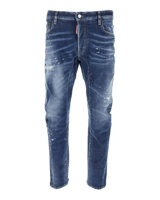 DSquared² Blue Jeans With Logo Patch On The Rear And All-Over Paint-Splatter Print Effect for men