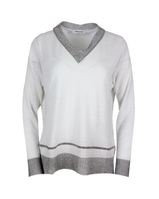 Fabiana Filippi Gray Cotton And Hemp Thread Sweater With V-Neck