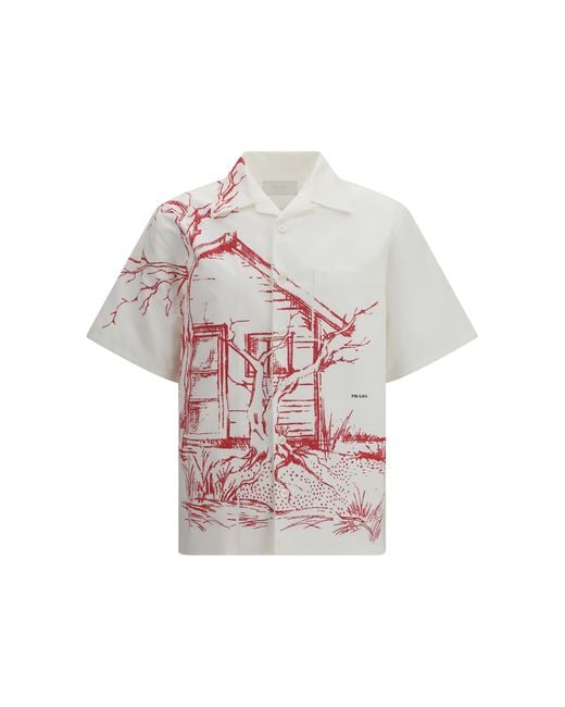 Prada Red Bowling Shirt Cabin Print Cotton for men