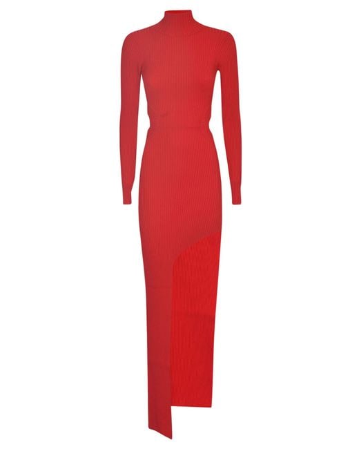 David Koma Red Ribbed Asymmetric Dress