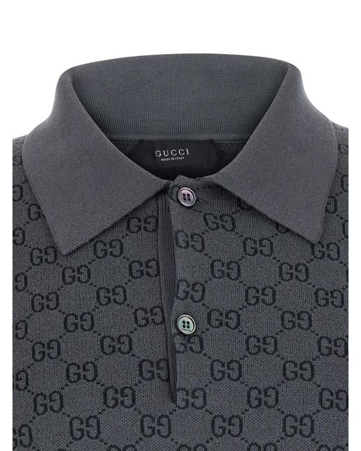 Gucci Black Polo Shirt Wool-Silk Wool And Silk T-Shirts for men