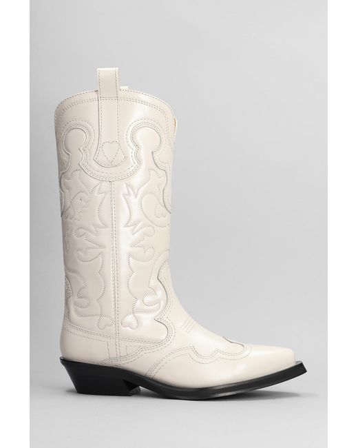 Ganni White Texan Boots In Beige Leather