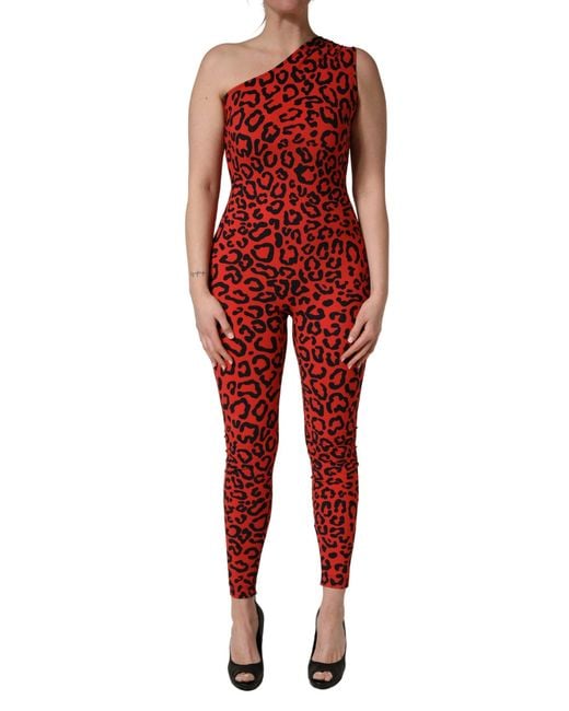 Dolce & Gabbana Red Nylon Leopard Pattern Jumpsuit And Elastane