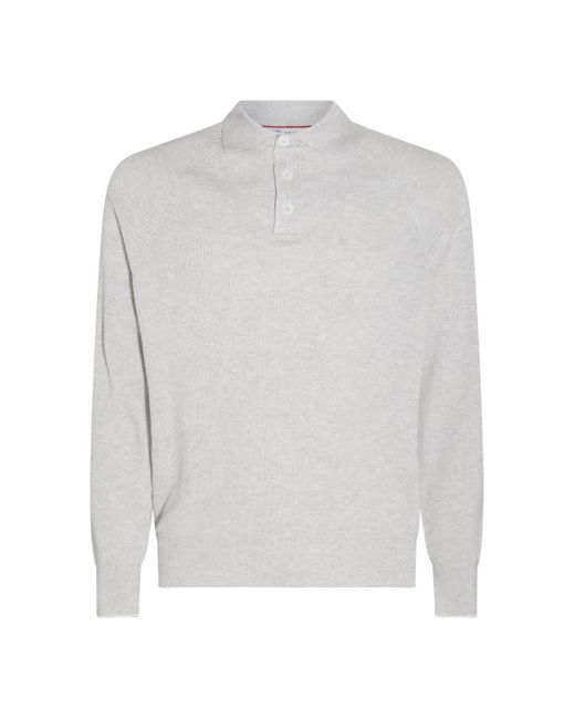 Brunello Cucinelli Gray Long-Sleeved Knitted Polo Shirt for men