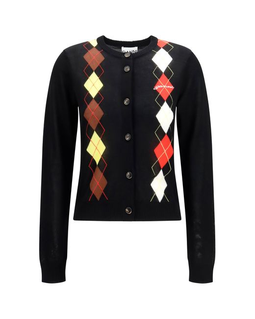 Ganni Black Cardigan Diamond Pattern Cotton