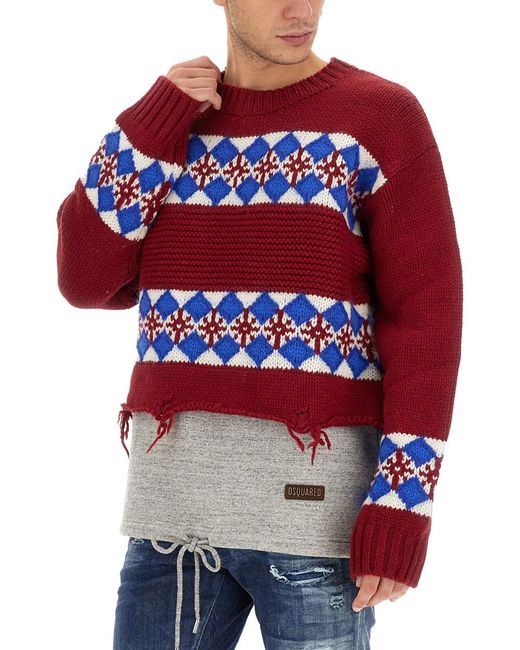 DSquared² Red Jacquard Knit Sweater Wool Jumpers for men
