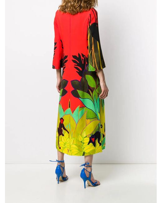 Valentino Red Monkey Forest Print Midi Dress