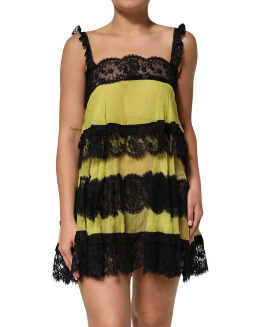Dolce & Gabbana Green Tiered Lace Trim Dress