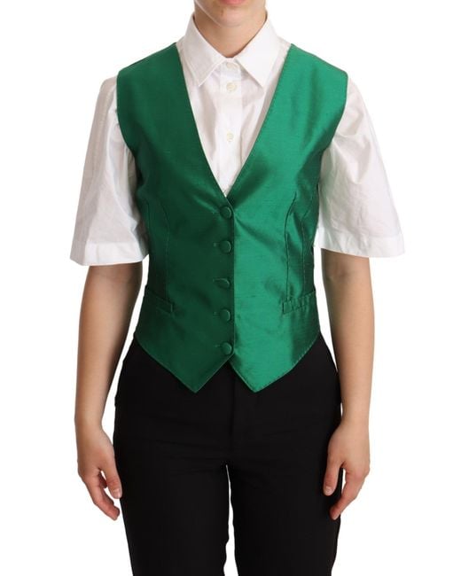 Dolce & Gabbana Green Silk Satin Sleeveless Waistcoat Vest