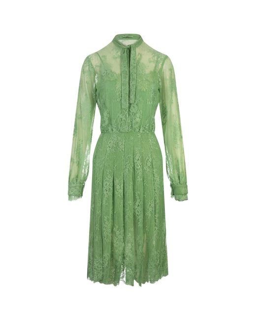 Ermanno Scervino Green Lace Dress With Long Sleeve And Collar Bow