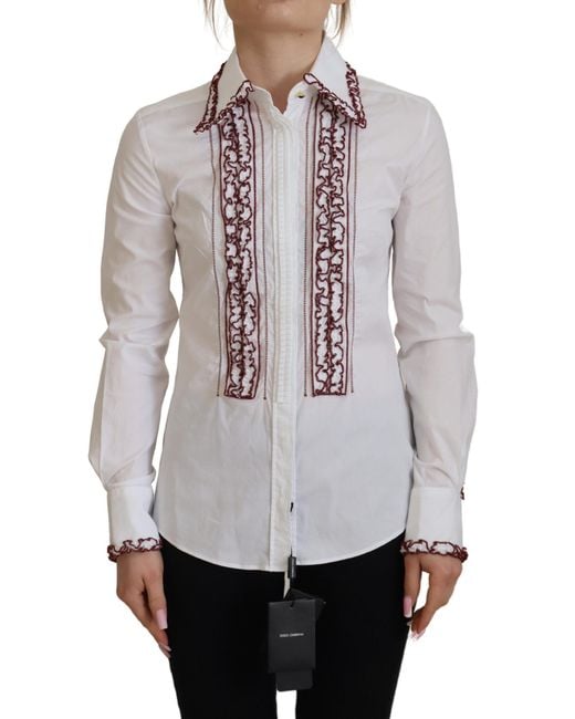 Dolce & Gabbana Gray White Cotton Lace Long Sleeves Ruffle Collar Top Shirt