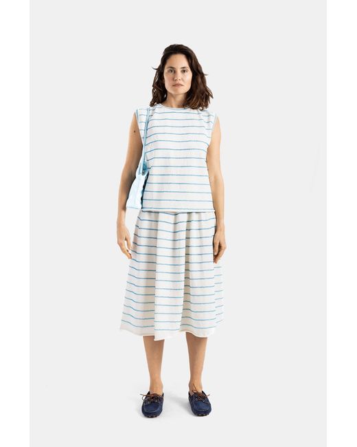Bielo Blue Midi Skirt Wavy Stripe Knit Ecru And