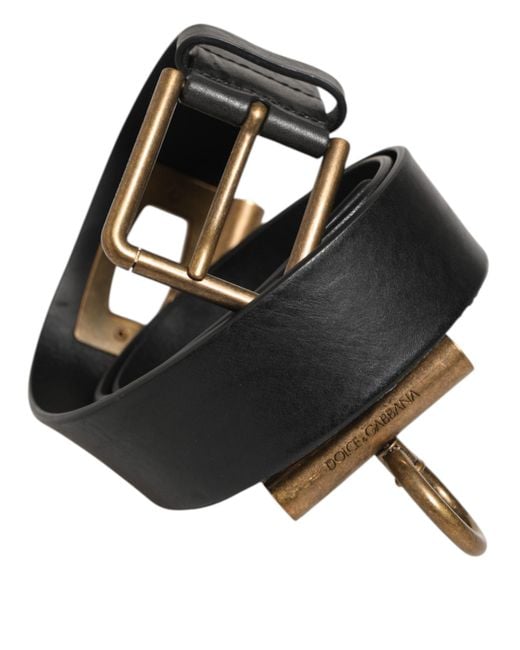 Dolce & Gabbana Black Leather Side Rings Brass Buckle Belt for men